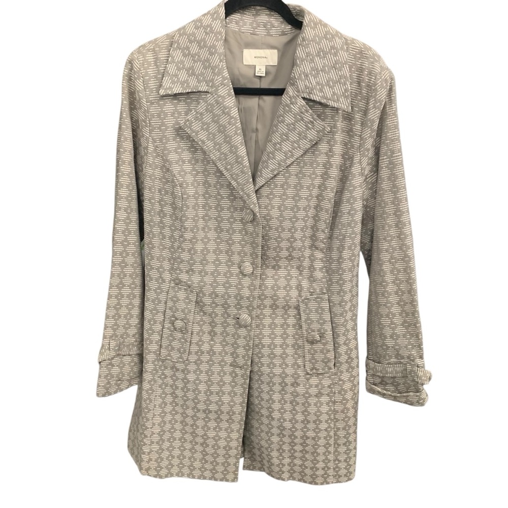 Merona Gray Cream Geometric Trench Coat Long Dress Cotton Jacket Women’s Size XL - Picture 1 of 7